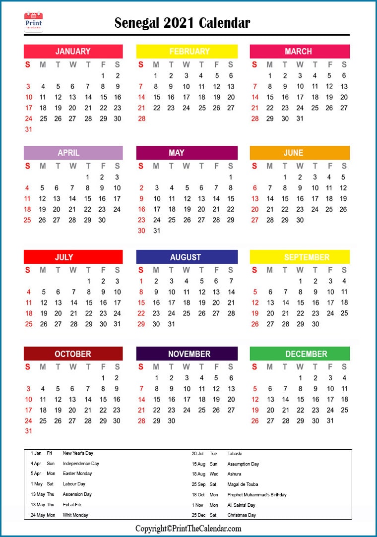 Senegal Printable Calendar 2021